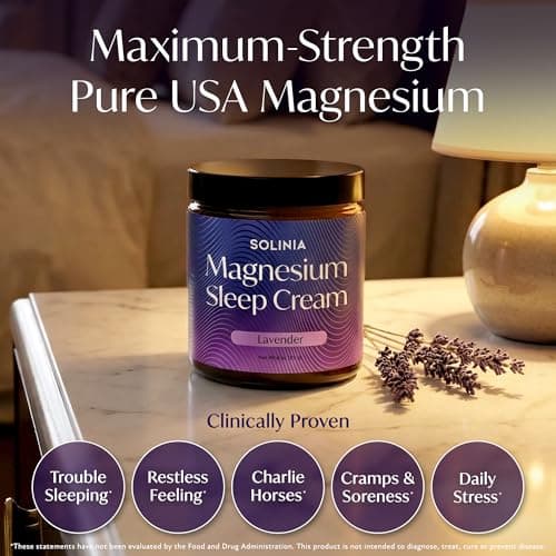 Solinia Magnesium Sleep Cream, USA-Made Topical Magnesium Lotion for Sleep, Lavender Lotion for Feet, Nighttime Mag Oil Body Butter, Foot Cream, Relaxing Rub for Muscles, 4oz