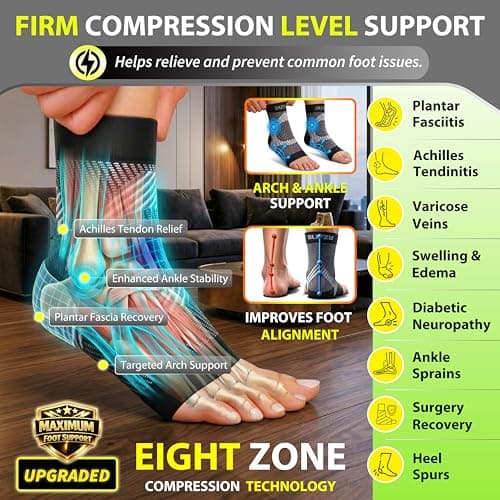 Compression Socks for Plantar Fasciitis, Achilles Tendonitis, Arthritis Relief, Ankle Brace Compression Sleeve with Foot Arch Support, Ankle Wrap for Women, Men, Swelling & Heel Pain Black L-XL
