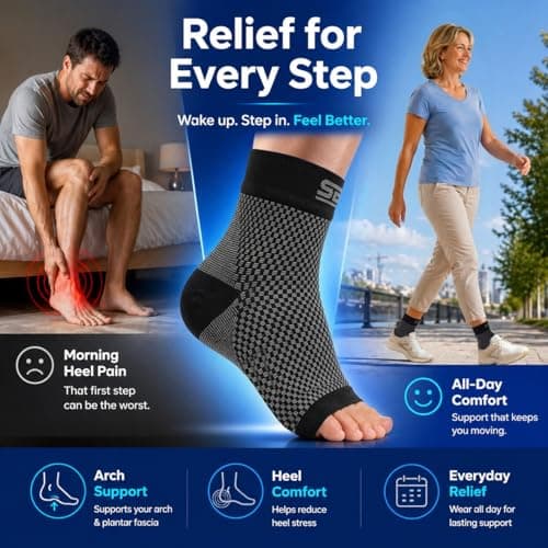 SB SOX Plantar Fasciitis Compression Socks – Arch Support Sleeve for Heel Pain Relief, Achilles Tendonitis & Foot Pain – Toeless Ankle Compression, All-Day Comfort (Black, Medium)