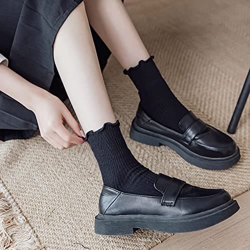 Mcool Mary Womens Crew Socks Black Ruffle Turn-Cuff Dress Socks Casual Cotton Knit Warm Comfy Lettuce Frilly Ankle Socks For Women 6 Pack