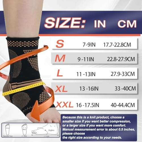 DRNAIETY Copper Ankle Brace for Men & Women - 1 Pair Ankle Compression Sleeve, Compression Support for Plantar Fasciitis, Achilles Tendonitis, Foot Pain, Swelling - Everyday Use (Large)