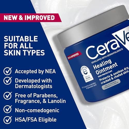 CeraVe Healing Ointment, Hydrating Skin Protectant With Petrolatum, Hyaluronic Acid & Ceramides, Face & Body Skin Barrier Repair For Cracked, Chafed, Dry Skin, Fragrance Free & Lanolin Free, 12 Oz