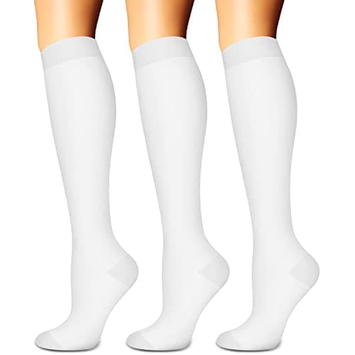 Compression Socks for Women & Men Circulation (3 Pairs) - Best Support for Athletic Running Travel Hiking Nurse Gifts, 15-20 mmHg Knee High Stockings Medical Long White Socks, S-M