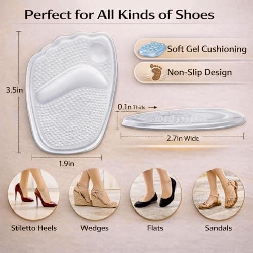 KTSAY Metatarsal Pads Women, Gel Ball of Foot Cushions for Pain Relief in Shoes, Non-Slip Heel Inserts, One Size Fits All (2 Pair, Clear)