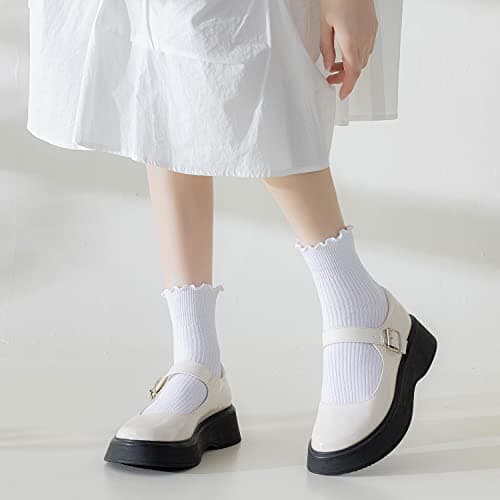 Mcool Mary Women's Ruffle Socks,Turn-Cuff Casual Cute Warm Cotton Knit Lettuce Low Cut Frilly White Ankle Socks for Women 6 Pack