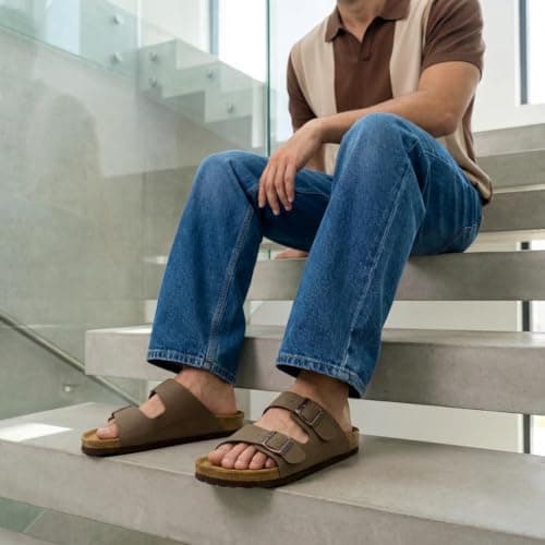 CUSHIONAIRE Lane Cork Footbed Mens Sandals, Adjustable Buckle Comfort Slides for Men, Genuine Leather Insole Summer Sandals Men Footwear, BROWN 10