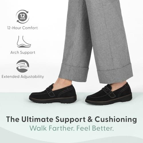 Orthofeet Women's Orthopedic Shelly Water-Repellent Suede Loafer, Black, Size 8 Wide