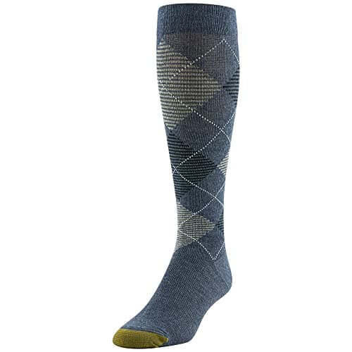 GOLDTOE Men's Mild Compression Over The Calf Socks, Multipairs, Denim/Khaki Heather/Black Navy (3-Pairs), Large