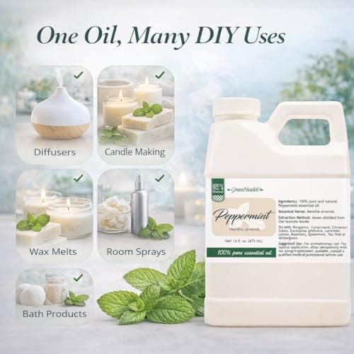 GreenHealth Peppermint Essential Oil – 16 fl oz | 100% Pure & Uncut | Heavy-Duty Plastic Jug | FDA Compliant, Space-Saving Container | for Aromatherapy, Soap, Candles, Cleaning, DIY