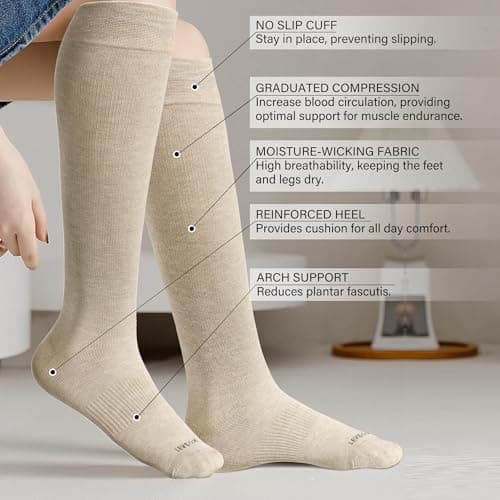 LEVSOX Viscose Made from Bamboo Compression Socks for Women&Men 20-30 mmHg Knee High Fun Cute Graduated Support Socks for Nurses, Pregnant Women, Travel and Flight, Medical, Beige, Cream, Brown