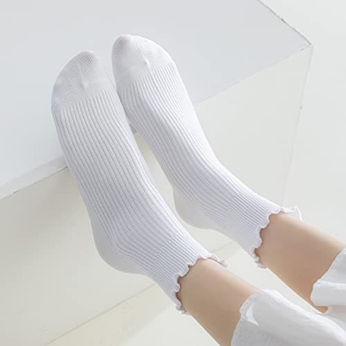 Mcool Mary Women's Ruffle Socks,Turn-Cuff Casual Cute Warm Cotton Knit Lettuce Low Cut Frilly White Ankle Socks for Women 6 Pack