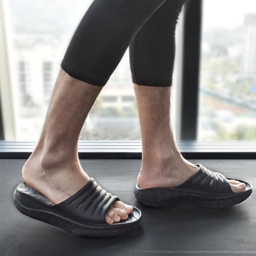KuaiLu Mens Recovery Sandals Orthotic Arch Support Open Toe Sport Slides Thick Cushion Orthopedic Plantar Fasciitis Slip On Wide Width Summer Pool Beach Waterproof Walking Slippers Black Size 10