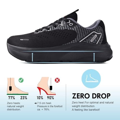 JACKSHIBO Wide Toe Box Shoes Women Arch Support Wide Sneakers for Running Walking Athletic Tennis Orthopedic Plantar Fasciitis Workout with Thick Cushion Zero Drop Sole Width Shoes Black