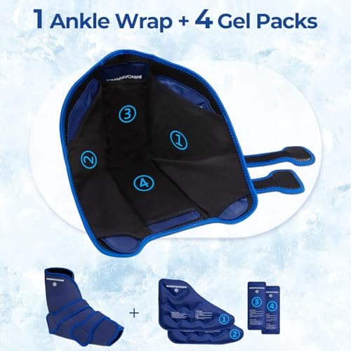 KingPavonini Ankle Foot Ice Pack Wrap for Sprained Ankle and Surgery Recovery, Reusable Gel Ice Packs for Feet Injuries, Plantar Fasciitis, Achilles Tendonitis, Standard Size(1 Wrap+4 Gel Packs)