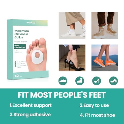 Welnove 42Pcs Callus Pad with Water-Resistant Self-Stick Adhesive, Protects Foot, Heel and Toes from Rubbing and Friction,Oval Shape Design,Reduce Pressure and Friction from Shoes Rubbing-White