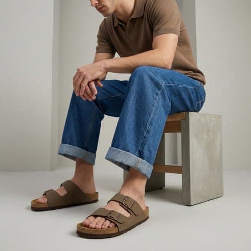 CUSHIONAIRE Lane Cork Footbed Mens Sandals, Adjustable Buckle Comfort Slides for Men, Genuine Leather Insole Summer Sandals Men Footwear, BROWN 10