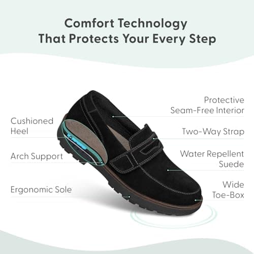 Orthofeet Women's Orthopedic Shelly Water-Repellent Suede Loafer, Black, Size 8 Wide