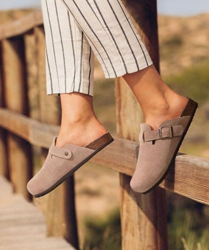 KIDMI Genuine Suede Clogs for Women Cork Footbed Sandals Leather Mules Potato Shoes with Arch Support Taupe 40 (Size 8.5)