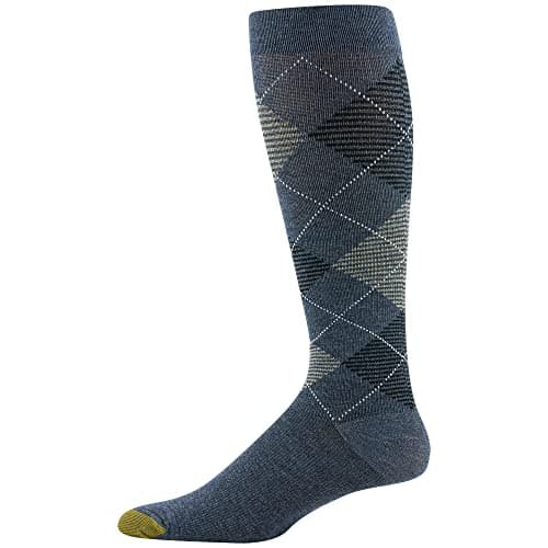 GOLDTOE Men's Mild Compression Over The Calf Socks, Multipairs, Denim/Khaki Heather/Black Navy (3-Pairs), Large