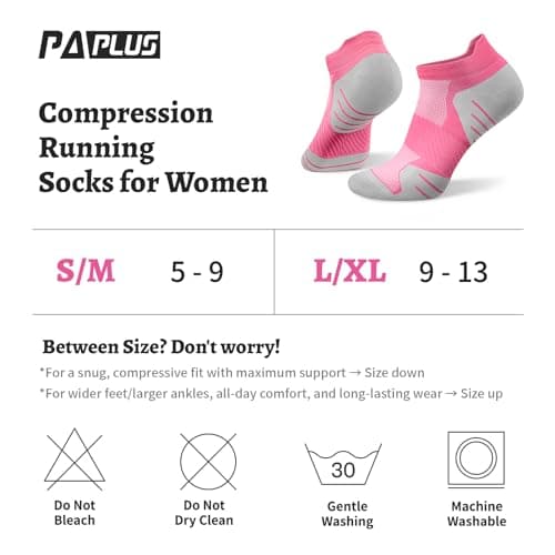 PAPLUS 6 Pairs Ankle Compression Socks for Women, Cushioned Running Socks with Arch Support, Low Cut, Targeted Compression