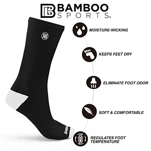 BAMBOO SPORTS Premium Bamboo Rayon Crew Work Socks- Moisture Wicking, Odor Eliminating Black Crew Socks for Men Size 9-12 - 3 Pair