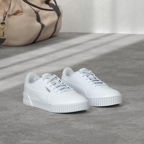 PUMA Womens Carina Leather Sneaker, White Silver, 8
