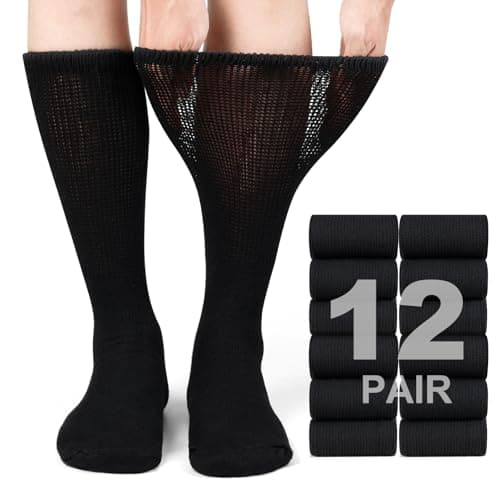 Falari Physicians Approved Diabetic Socks For Men Women Non-Binding Loose Top Wide Crew Length (12-Pack, Black, 10-13)