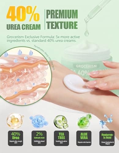 Grocerism Urea Cream 40 Percent For Feet Plus 2% Salicylic Acid 5.29 oz || Foot Cream and Hand Cream Maximum Strength with Hyaluronic Acid,Tea Tree,and Aloe Vera For Deep Moisturizes,Callus Remover