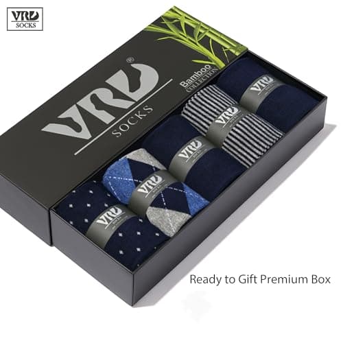 VRD Men’s Dress Socks Bamboo Rayon 5-Pack Crew Socks Assorted Pattern Fits Shoe Size 8-13 Gift Box