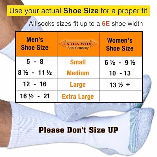 Extra Wide Comfort Fit Athletic Quarter Socks (Pack of 3) Fits Up to a 6E Width, Made in USA (Large, White)