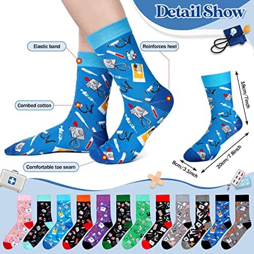 Didaey 12 Pairs Novelty Nurse Socks Bulk for Women Men Funny Nurses Week Appreciation Gifts Medical Themed Cotton Crew Socks for CNA RN Healthcare Worker Appreciation Gifts