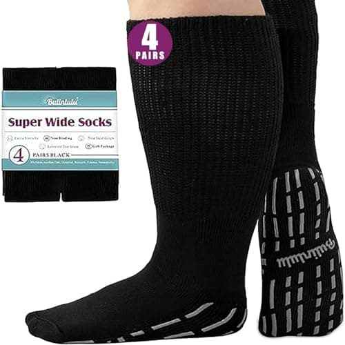 Bulinlulu Extra Width Socks for Swollen Feet-4 Pairs Hospital Grip Bariatric Lymphedema Diabetic Socks for Women Men 13-15-4 Black