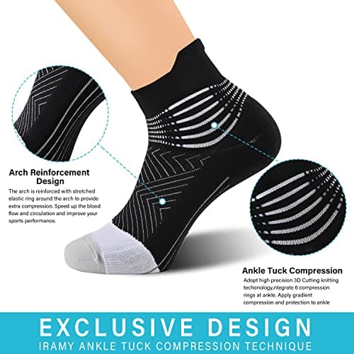 IRAMY Compression Ankle Support Running Socks Women Wicking 3 Pairs Quarter Athletic Cushioned Plantar Fasciitis Socks