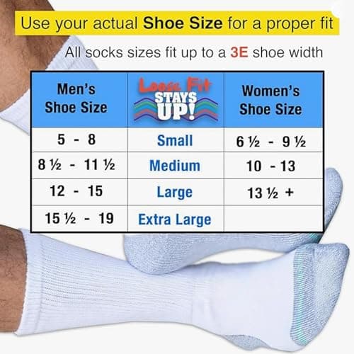 Loose Fit Stays Up Men's and Women's Casual Crew Socks (Pack of 3) Made in USA Cushioned Sole (Large, White)