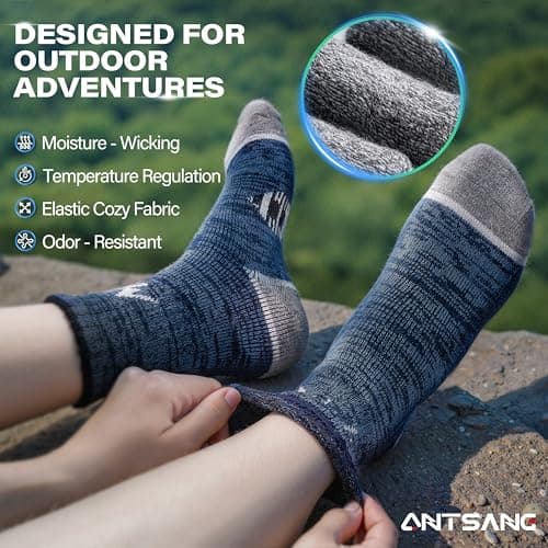 ANTSANG Kids Merino Wool Hiking Socks Boys Girls Toddlers Thermal Warm Winter Thick Cushion Snow Ski Crew Youth Socks 6 Pairs Gift Stocking Stuffers(Grey,8-12 Years)