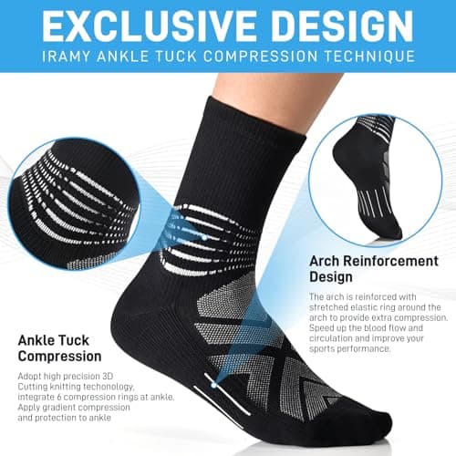 IRAMY Compression Ankle Support Crew Socks Men Women Wicking Plantar Fasciitis Relief Running Hiking Socks 3 Pairs