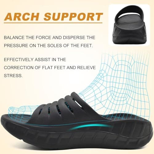 KuaiLu Mens Recovery Sandals Orthotic Arch Support Open Toe Sport Slides Thick Cushion Orthopedic Plantar Fasciitis Slip On Wide Width Summer Pool Beach Waterproof Walking Slippers Black Size 10