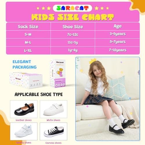 Saracat Age 3-10 Girls 100% Cotton Ruffle Socks, Cute Soft Breathable Frilly Dress Socks for Girls