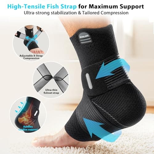 ZOELION Ankle Brace Compression Support with Removable Fishnet Strap, 3D Knit Plantar Fasciitis Relief Achilles Tendonitis Brace, Ankle Compression Sleeve for Pain Relief & Injury Healing, Black/L