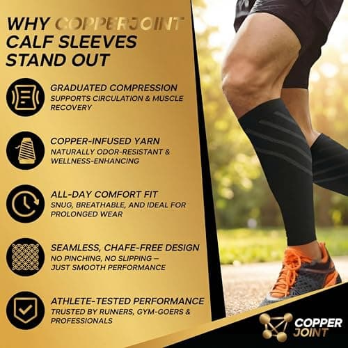 Calf Compression Sleeve for Men & Women –Leg Compression Sleeve for Shin Splint Relief, Leg Cramps, Varicose Vein Compression Leg Sleeve, Calf Sleeves for Runners -Copper Infused Nylon 20-30mmHg Large