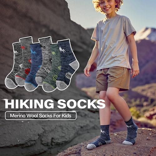 ANTSANG Kids Merino Wool Hiking Socks Boys Girls Toddlers Thermal Warm Winter Thick Cushion Snow Ski Crew Youth Socks 6 Pairs Gift Stocking Stuffers(Grey,8-12 Years)