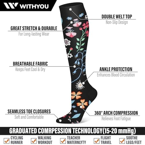 WITHYOU 3 Pairs Compression Socks for Women & Men 15-20 mmHg,Best Support for Nurses Running Hiking