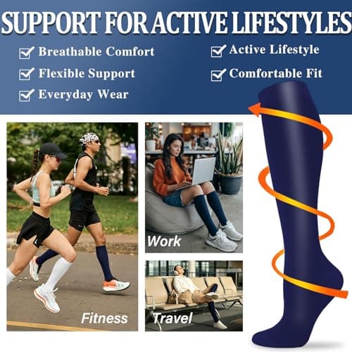Sooverki Compression Socks for Women and Men Circulation (4 Pairs) is Best Support for Running Athletic Hiking Workout Flight Runner Gifts Navy Blue Plain Knee High Stocking