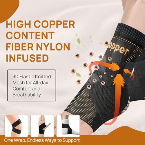 JIUFENTIAN Ultra-Thin & Copper Infused Ankle Support - Adjustable Compression Ankle Brace for Sprain Recovery, Plantar Fasciitis & Daily Pain Relief | Breathable, Durable, Fits Any Shoe (Medium)