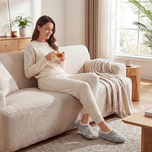 Cozylook 2-pair Women's Soft Sole Slipper Socks with Grippers, Thick Warm Cozy Sherpa Lined Home Socks Set, Cable Knitted Non-slip Fluffy Winter House Bedroom Slippers GRAY+TAUPE M 7-8