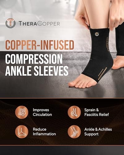 TheraCopper Copper Ankle Brace (2 Pack) — Compression Ankles Brace for Men & Women — Infused Copper Ankle Sleeve Compression Support for Pain Relief, Swelling, Sprains, Achilles Recovery & Sports (Medium)