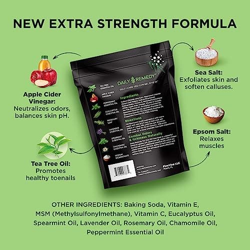 DAILY REMEDY EXTRA STRENGTH Tea Tree Oil Foot Soak w/ Epsom Salt Made in USA Toenails,Athlete's Foot,Itchy Feet,Stubborn Smelly Foot Odor,Pedicure Calluses & Soothes Sore Tired Achy Feet 16 oz,Black