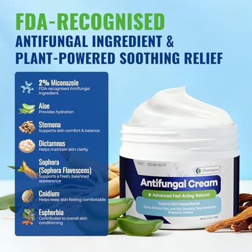 CHARMPOO Antifungal Cream for Jock Itch: 2% Miconazole and Herbal Formula for Itchy Skin Relief Extra Strength - Cures Ringworm Athletes Foot Tinea Versicolor 100g