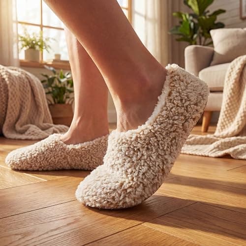 Cozylook 2-pair Women's Soft Sole Slipper Socks with Grippers, Thick Warm Cozy Sherpa Lined Home Socks Set, Cable Knitted Non-slip Fluffy Winter House Bedroom Slippers GRAY+TAUPE M 7-8