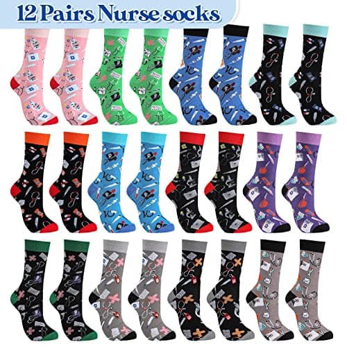 Didaey 12 Pairs Novelty Nurse Socks Bulk for Women Men Funny Nurses Week Appreciation Gifts Medical Themed Cotton Crew Socks for CNA RN Healthcare Worker Appreciation Gifts